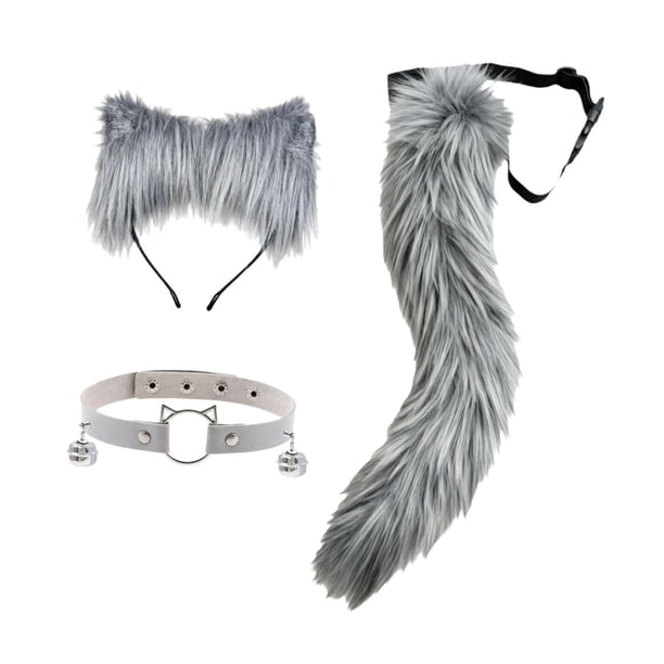 3 piezas de orejas y cola de animales para disfraz de fiesta elegante, orejas de peluche, diadema para el cabello para baile de graduación Gris