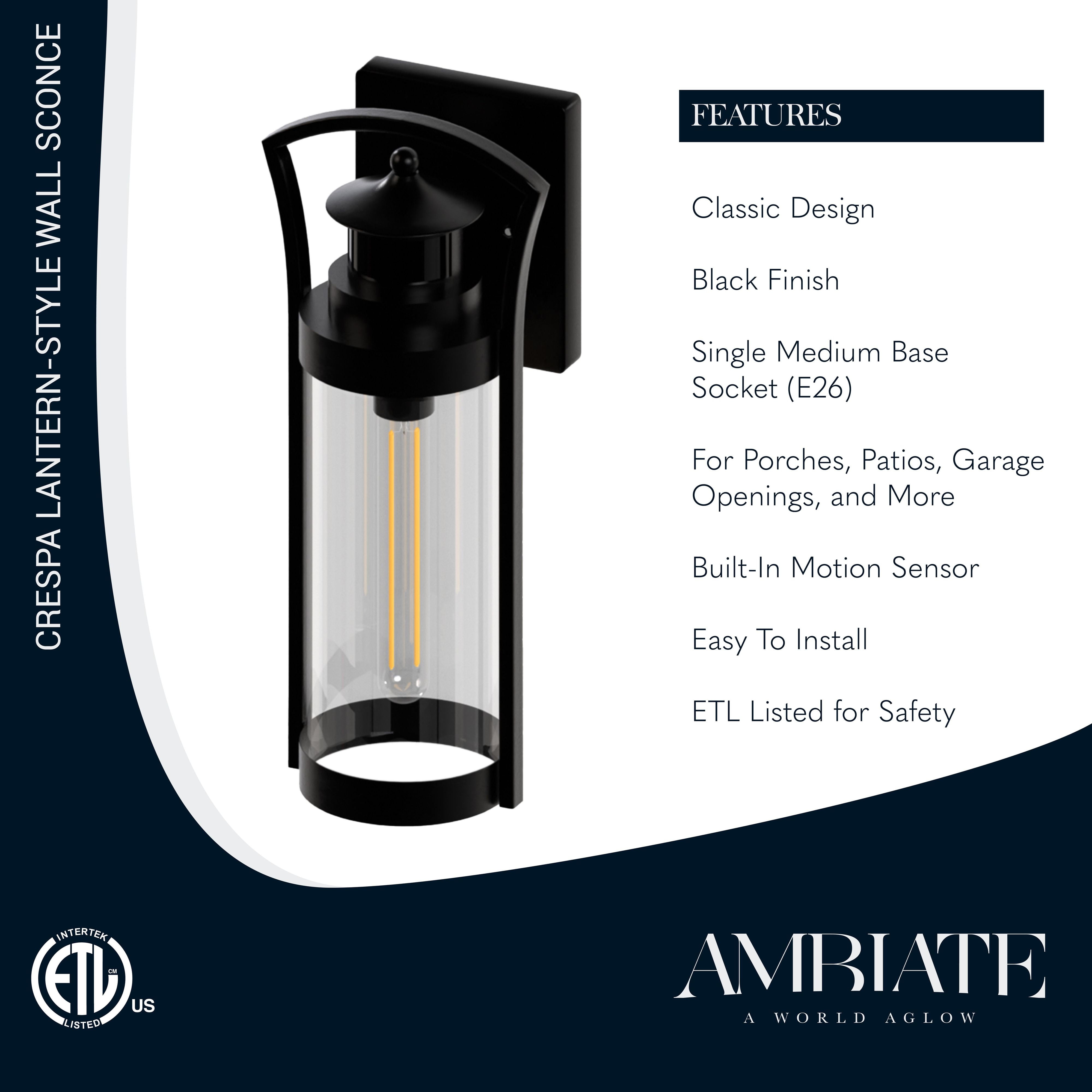 Ambiate Crespa Lantern-Style Wall Sconce, Motion Sensor, Medium Base (E26) Socket, Black Finish, Clear Glass Shade, for Porches, Patios, Garage Openings, Commercial or Residential, ETL