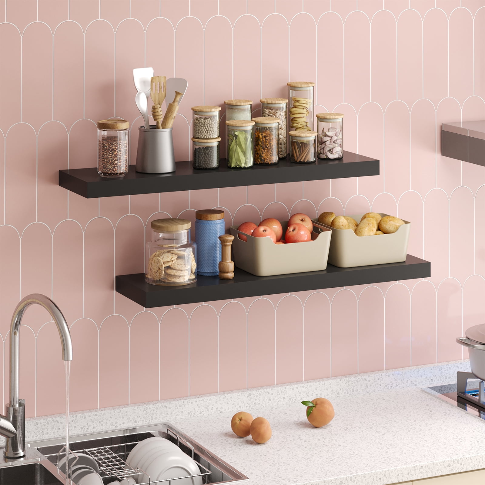 Fairy 2pcs Floating Shelves for Wall, 22.5in Bathroom Kitchen Shelves for Farmhouse Decor, Black