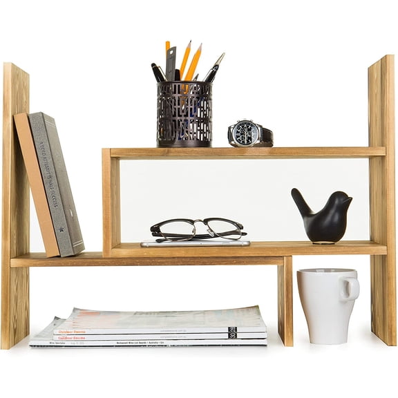 Adjustable Whitewashed Solid Wood Desktop Storage Organizer Display Shelf Book Rack, Office Desk Bookshelf