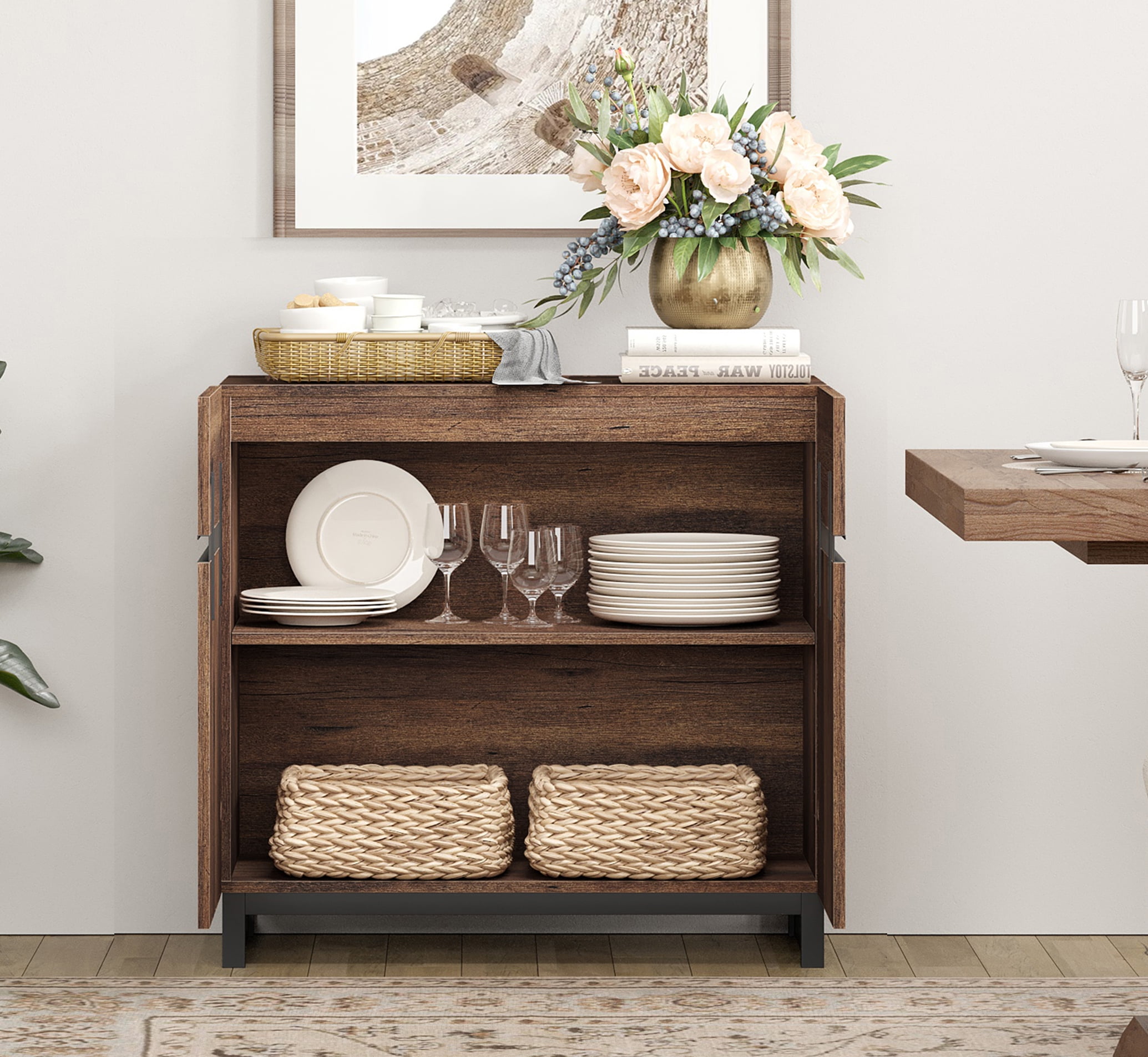 WAMPAT 3-In-1 Modern Sideboard Buffet Cabinet With 3 Drawers And Adjustable Shelves, Coffee Bar And Storage Cabinet For Living Room And Kitchen