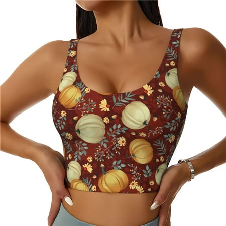 Fotbe Pumpkin Leaf Daisy Pattern Womens  Sports Bra Longline Wirefree Padded with Medium Support Sports Moisture-Wicking Workou Vest Tank Top-Large