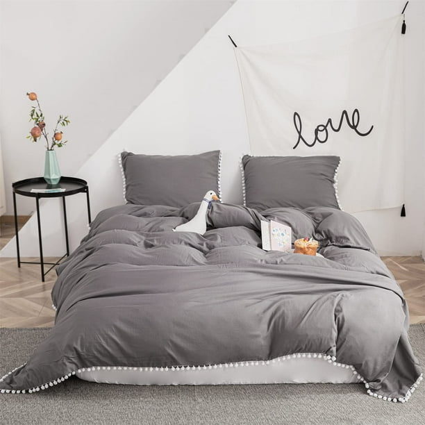Pom Duvet Cover Set Twin Size,Solid Color Farmhouse Bedding Set with White Fringe Ball ,Ultra Soft & Breathable Washed Microfiber Comforter Cover - 2 Pieces - Walmart.com - Walmart.com
