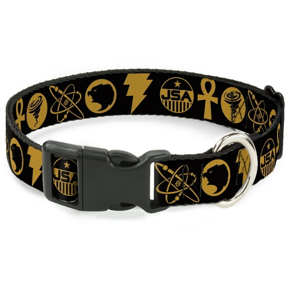 DC Comics Pet Collar, Dog Collar Plastic Buckle, Black Adam Justice Society Icons Black Orange, 7 to 8.5 Inches 0.5 Inch Wide