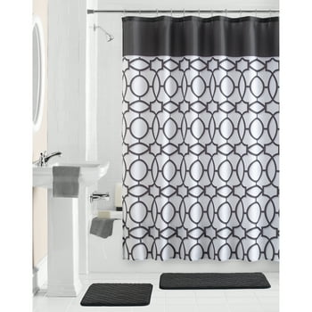 Mainstays Uno 15-Piece Geometric Polyester Shower Curtain Set, Black
