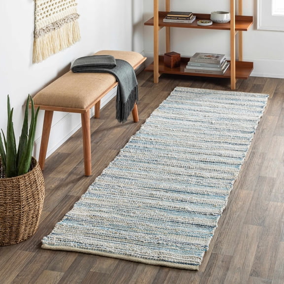 Hauteloom Castillejos Jute Hallway, Kitchen Runner Rug - Traditional, Transitional - Denim, Blue, Beige - 2'6" x 8'