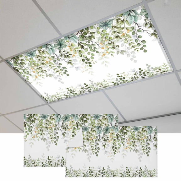 Fluorescent Light Covers for Ceiling Lights Classroom, Sage Green Eucalyptus Leaf Magnetic Ceiling Light Cover Filter for School,Office, 2X4 FT, Pack of 2, Botanical Spring Summer Floral White