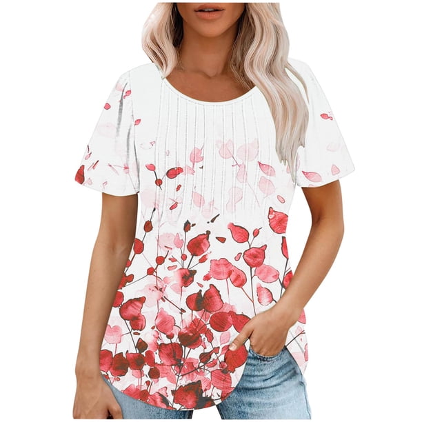 Tops Cortos para las Mujeres Cuello Redondo Suelto Impreso de Manga Corta, Tops Sueltos para las Mujeres