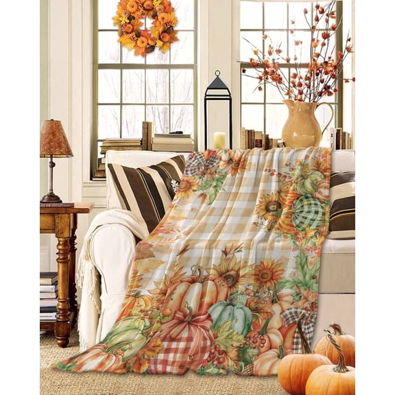 Throw Blanket Fleece Throw Blanket 40x50in, Thanksgiving Fall Harvest Pumpkin Soft Lightweight Bed Blankets Sunflower Leaves on Orange Plaid Fuzzy Couch Blankets for All Season