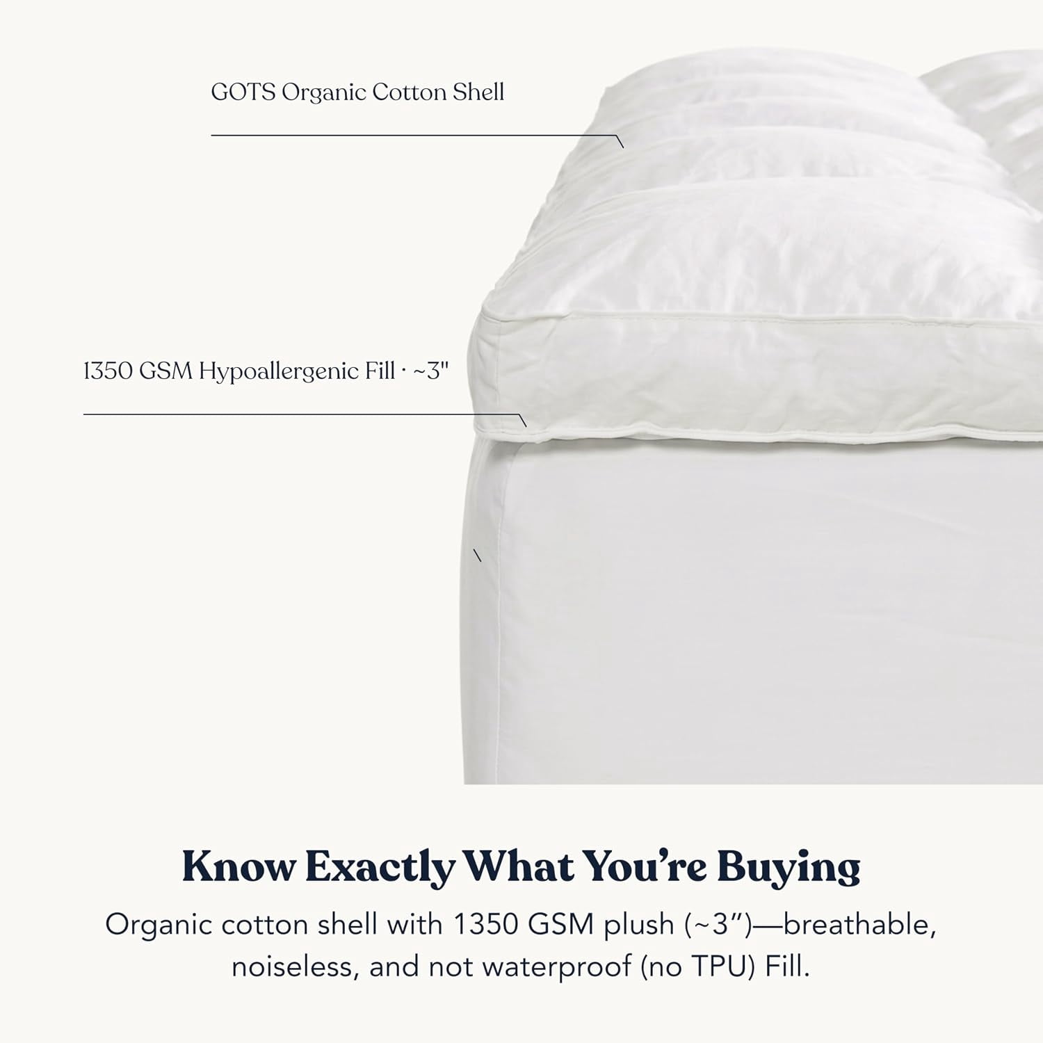 Delara Extra Plush Down Alternative Mattress Pad, 1350 GSM Snow Microfiber Fill, GOTS Certified Organic Cotton Shell, Baffle Box, Hypoallergenic, Vegan, Not Waterproof, 20" Deep Pocket - King 78"×80"