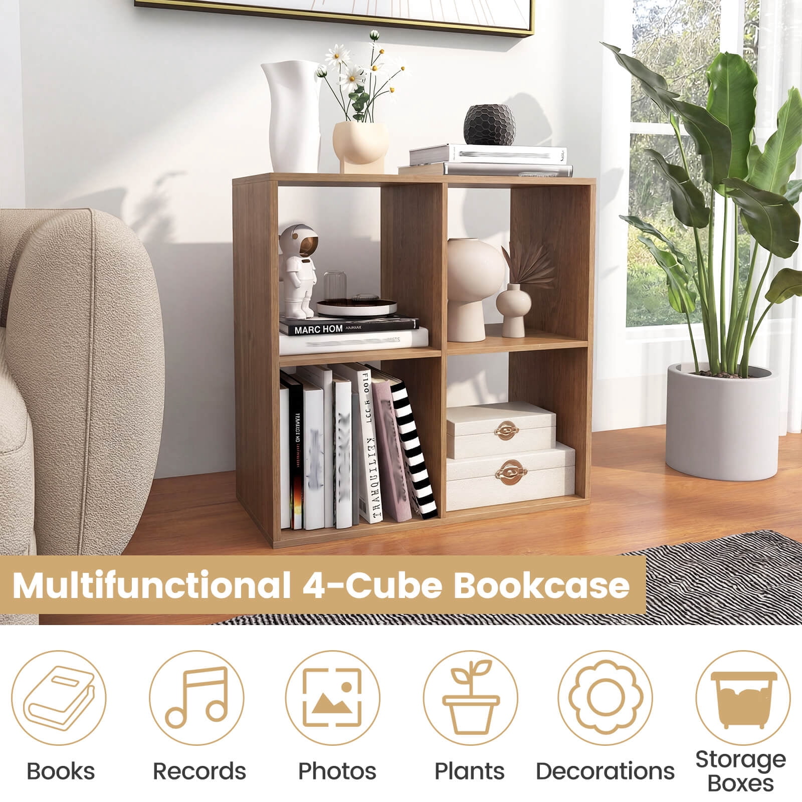 Costway 4-Cube Bookshelf, Modern Cubby Bookcase with Back Guardrail & Anti-tipping Kits Natural