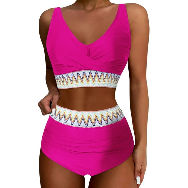 Wyzesi Women'S High Waisted Bikini Sets Two Piece High Cut Bathing Suits Athletic Color Block Swimsuits Low Compression Fit Swimwears Red XXL