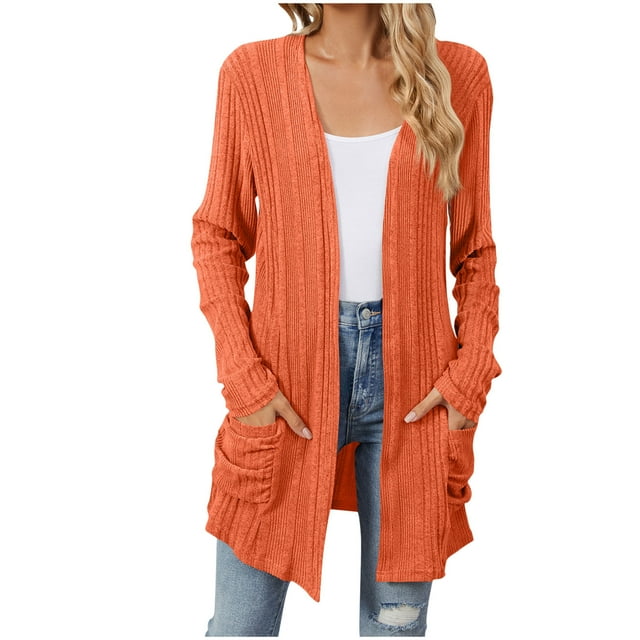 Timegard Cardigan pour Femmes Manches Longues Côtelées Ouvert devant Doux Automne Décontracté Long avec Poches