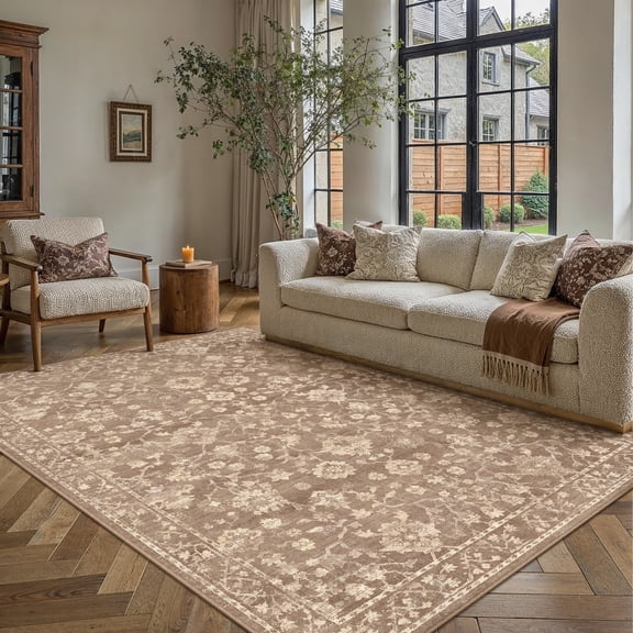 BERTHMEER 5'×7' Area Rugs for Living Room Bedroom Dining Room Office Oriental Floral Vintage Farmhouse Machine Washable Non-slip Traditional Distressed Carpets, Brown