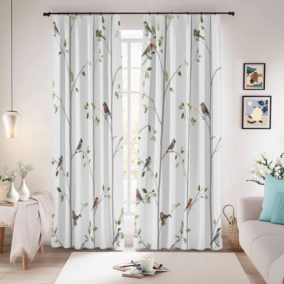 Sparrow Blackout Curtains for Bedroom/Living Room, Pinch Pleated Black Out Curtains, Spring Birds on The Branches Vintage Country Room Darkening Window Drapes with Hooks 2 Panels, 39"x70"