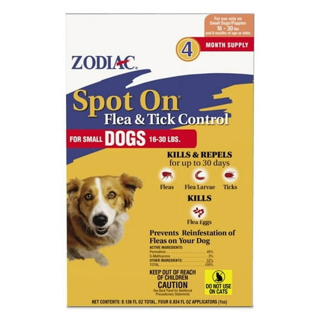 Zodiac Spot on Flea & Tick Controller for Dogs, Small Dogs 16-30 lbs (4 Pack)