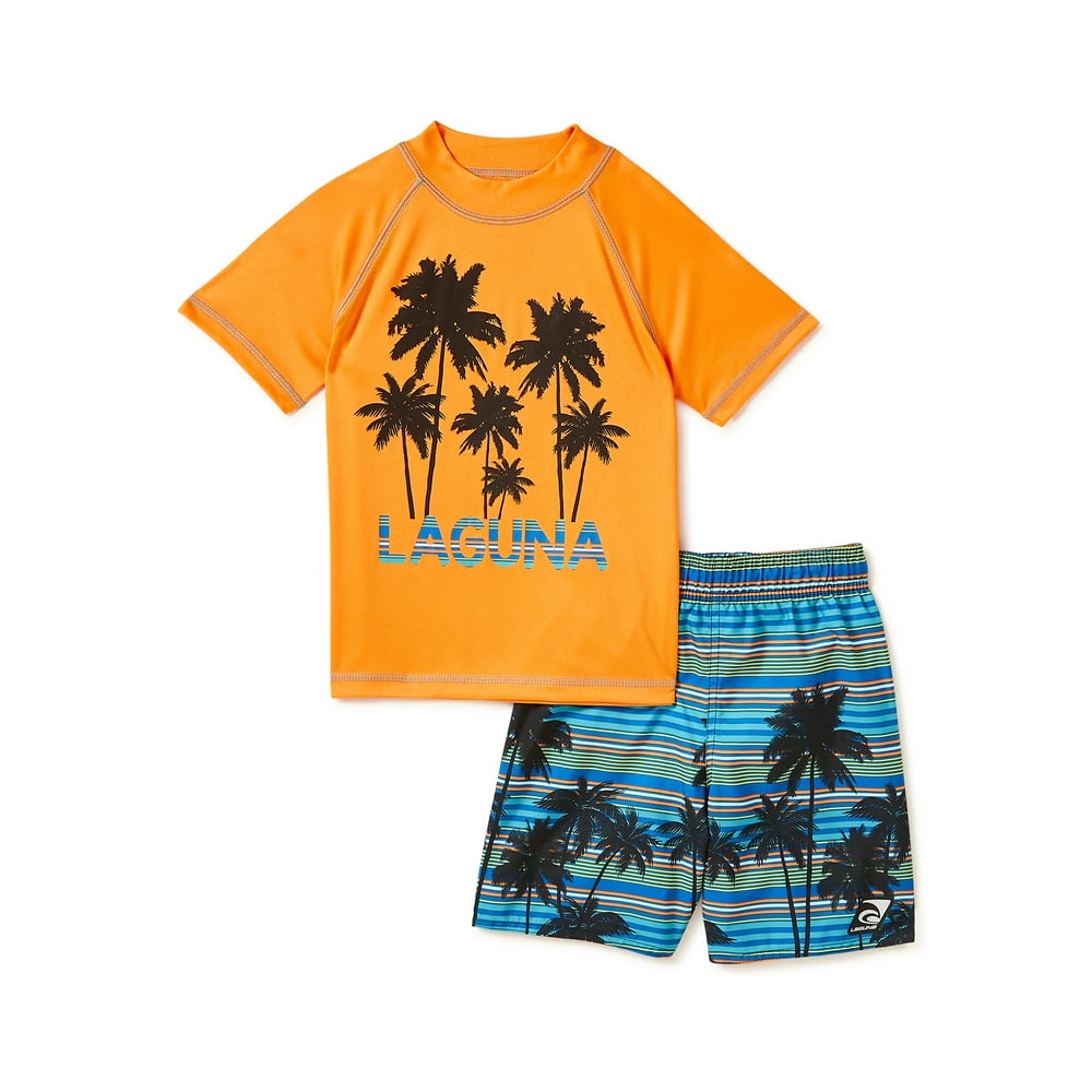Laguna - Laguna Boys Part Palm Rash Guard & Swim Trunks, 2-Piece Set ...