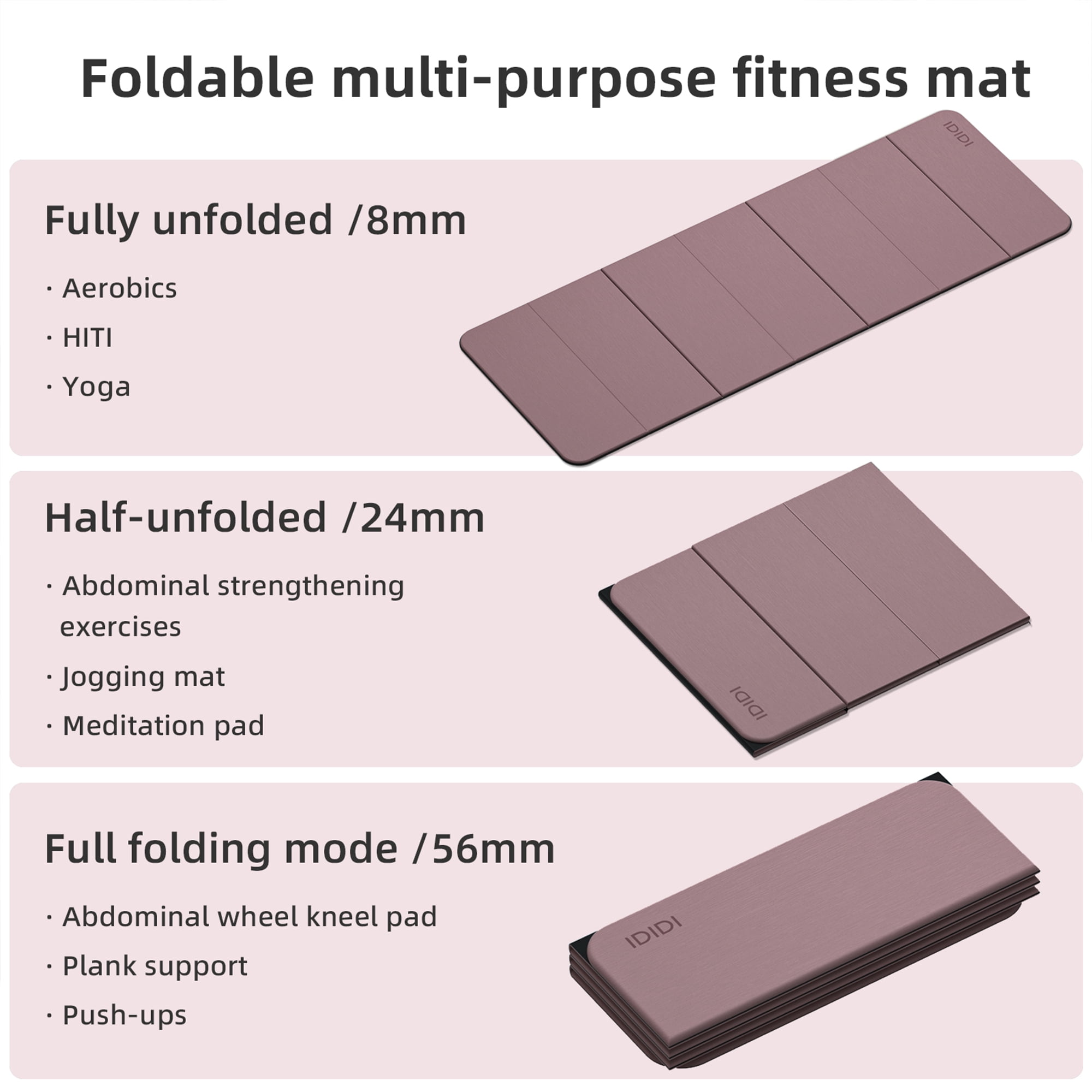 IDIDI 8mm Thick Foldable Yoga Mat - 3-in-1 Folding TPE Non-Slip Mat for All-Level Yoga, Tear-Resistant & Quick-Flat Design, 71x24in(Pink+Black)