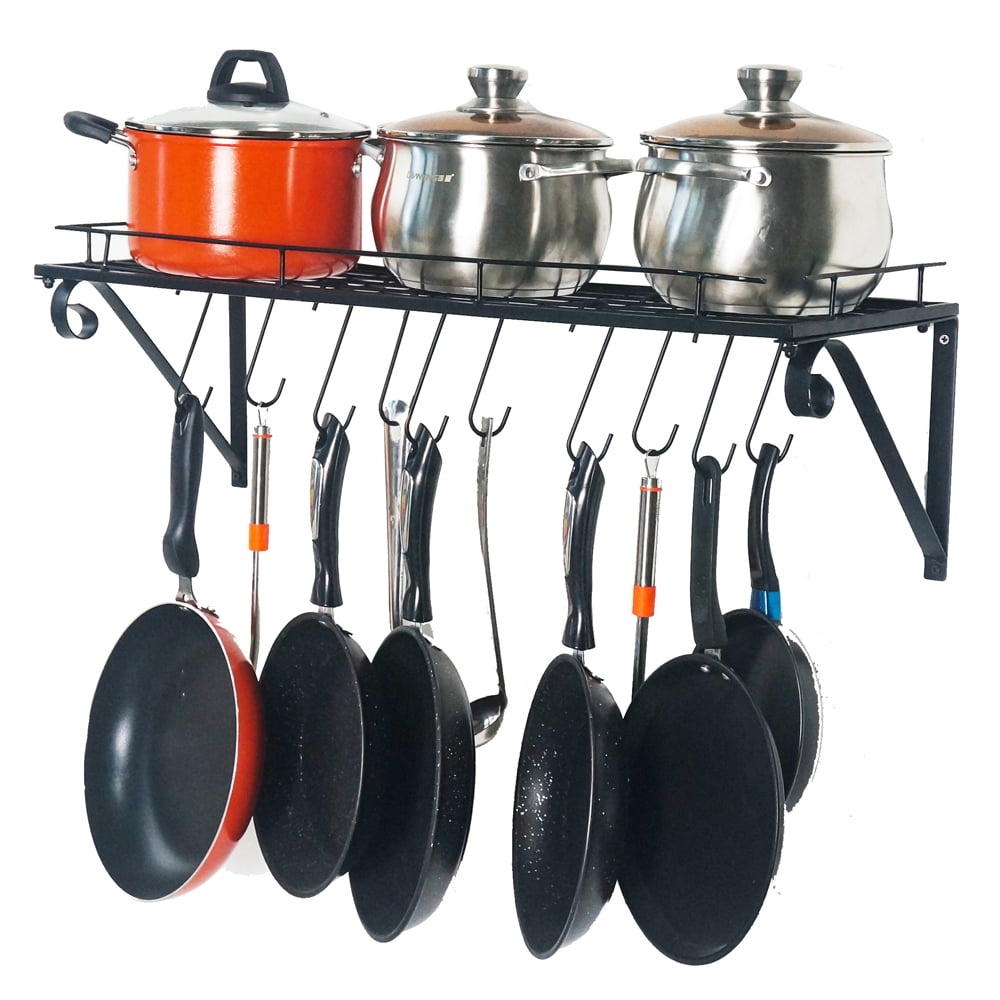Kepooman 30" Kitchen Floating Pan Pot Rack for Utensils Cookware, Wall Mounted Pot Rack Storage Shelf with 10 Hooks, Black Kepooman 30" Kitchen Floating Pan Pot Rack for Utensils Cookware, Wall Mounted Pot Rack Storage Shelf with 10 Hooks, Black
