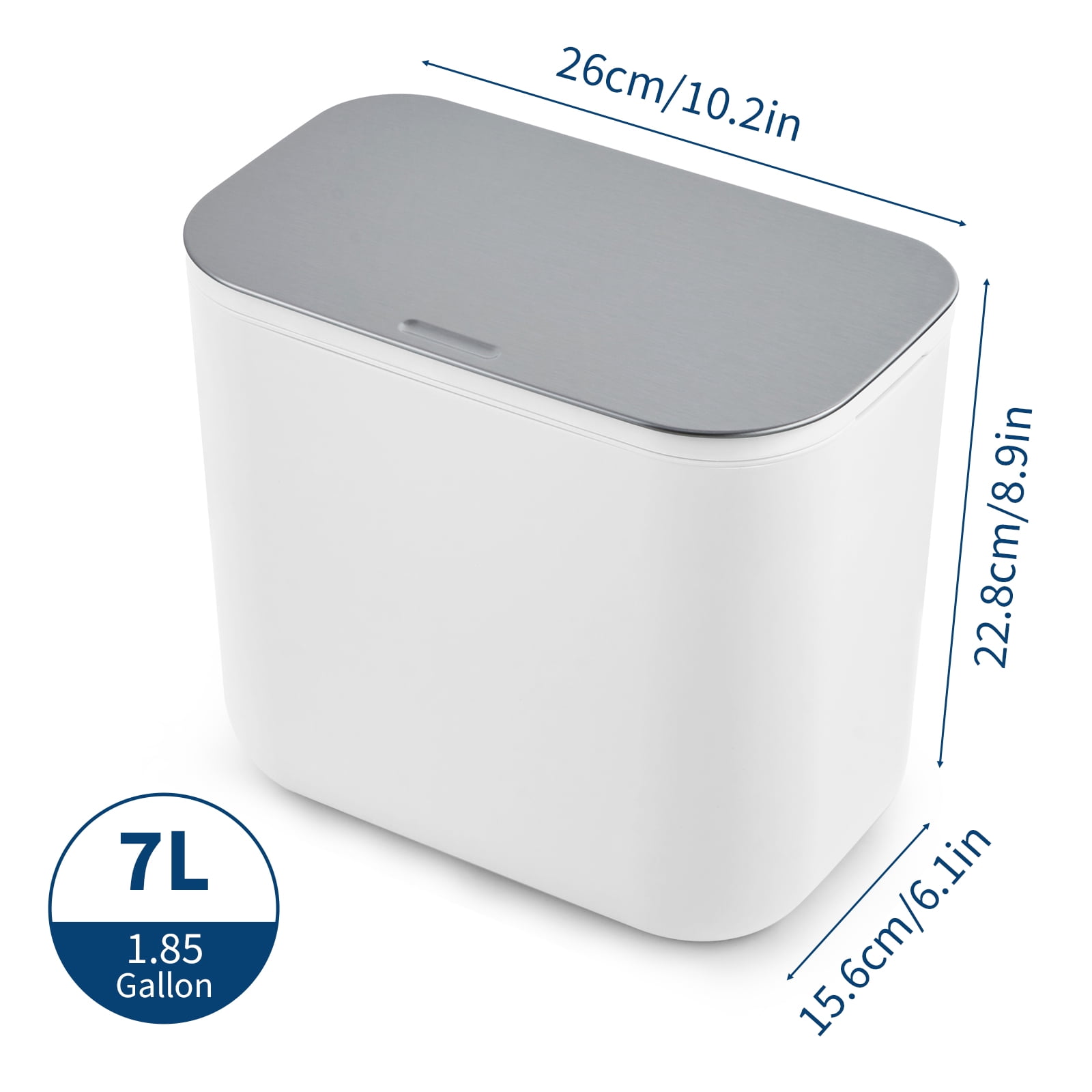 1.8 Gallon Kitchen Hanging Small Trash Can with Stainless Steel Lid, Odor-Free Compost Bin, Space-Saving Garbage Can for Cabinet, Under Sink, RV, Bathroom, White