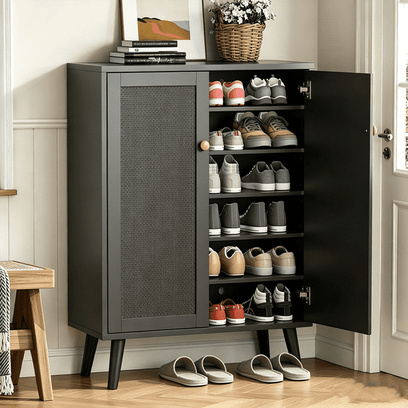 Winkalon Rattan Shoe Storage Cabinet, 6-Tier Shoe Cabinet for Entryway, Wooden Shoe Rack Organizer with Doors and Adjustable Shelves, for Entryway, Hallway, Living Room, Black