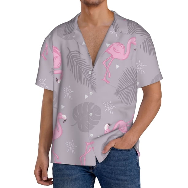 Fotbe Pink Flamingo Camisa Estampada de Manga Corta para Hombre, Casual de Verano, Estilo Playero, Sin Arrugas-Large