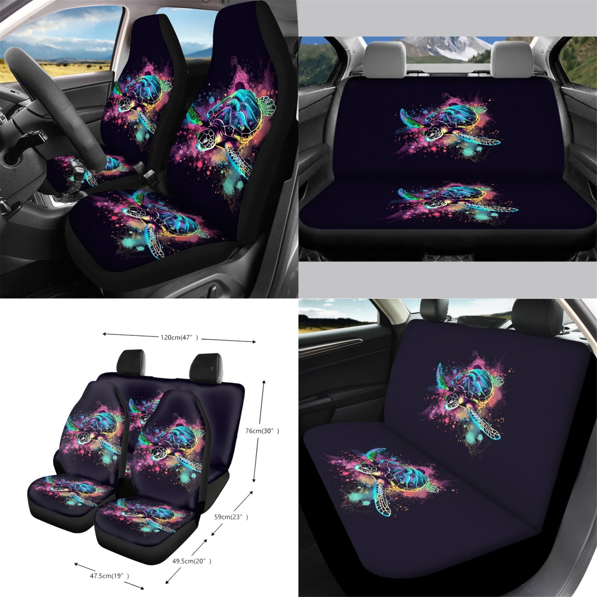 Yuyamidu Colorful Sea Turtle Car Seat Covers Set 15 PCS Car Front Rear Seat Cover Steering Wheel Cover Seat Belt Covers Trash Bin Air Vent Storage Bag Rear View Mirror Cover Coasters Key Chain