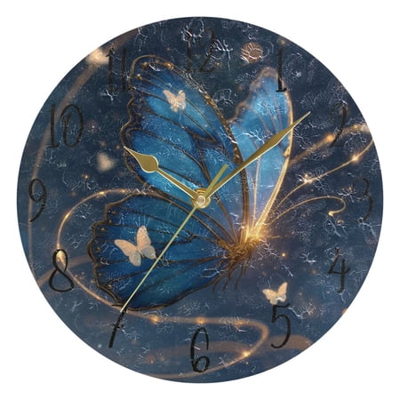 Round Art Wall Clock Vintage Oil Painting Texture Decorative Clock Gold Pointer Multi-Purpose Desktop & Hanging Creative Decor Clock for Home Living Room Butterflies Flutter