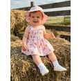 thumbnail image 4 of BemeyourBBs 2Pcs Newborn Baby Girl Summer Clothes Smocked Outfit Romper Dress Sleeveless Square Neck Floral Cherry Print Smocked Dress Sunhat Set, 4 of 9
