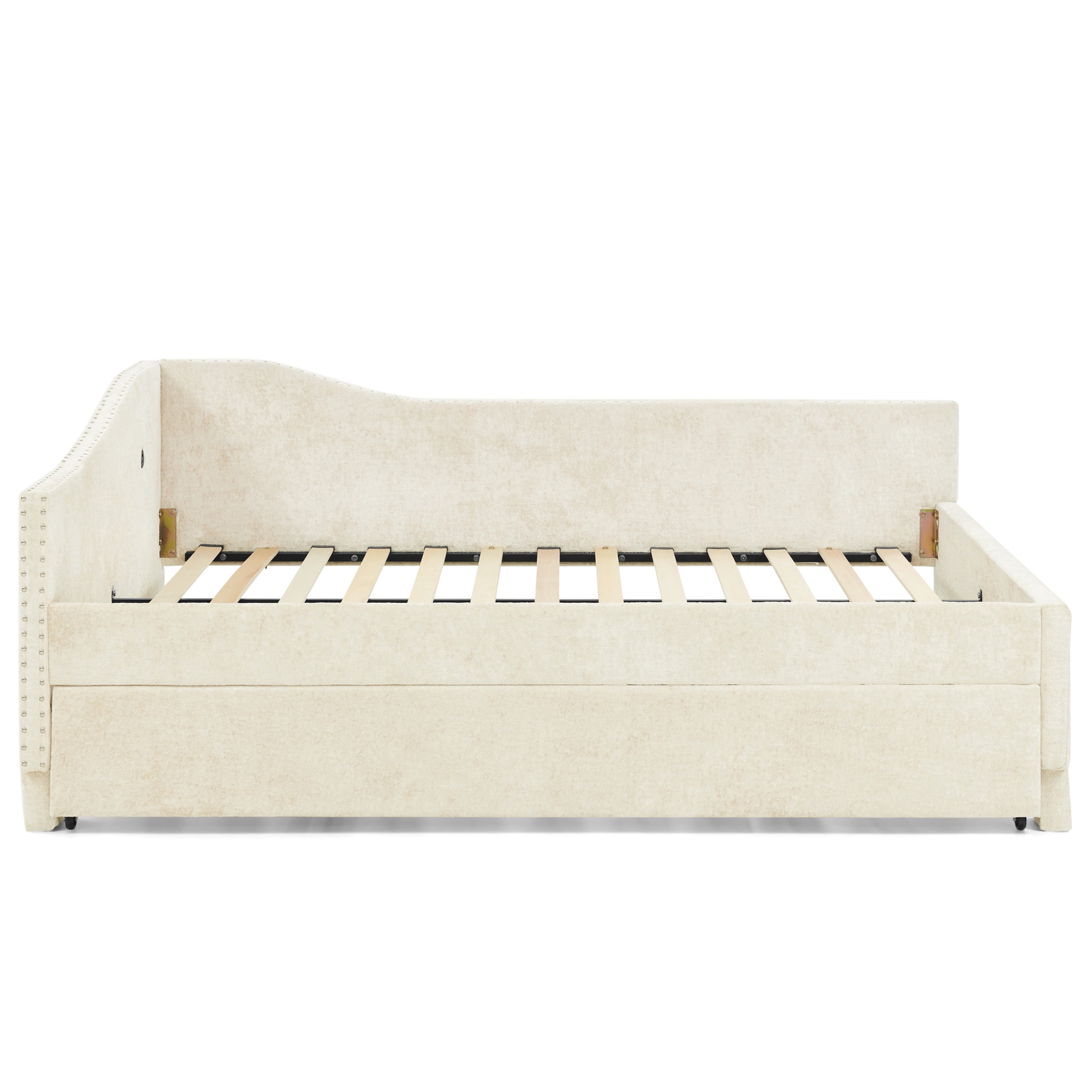 Noble House Phineas Twin Size Chenille Padded Daybed, Sofa Bed Frame with Twin Trundle and Charging Port, Beige
