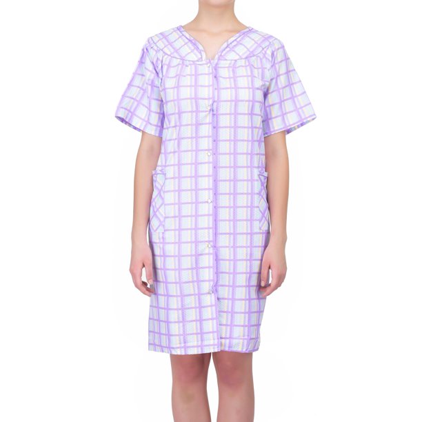 EZI Women's Short Sleeve SnapFront Plaid Seersucker Cotton House