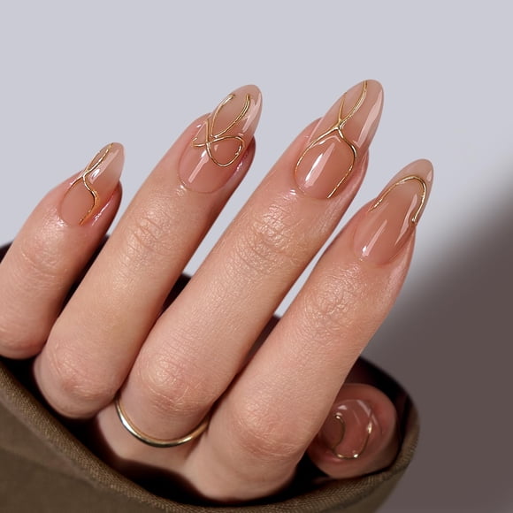 Press On Nails BtartBox Almond con diseño de líneas doradas en 3D