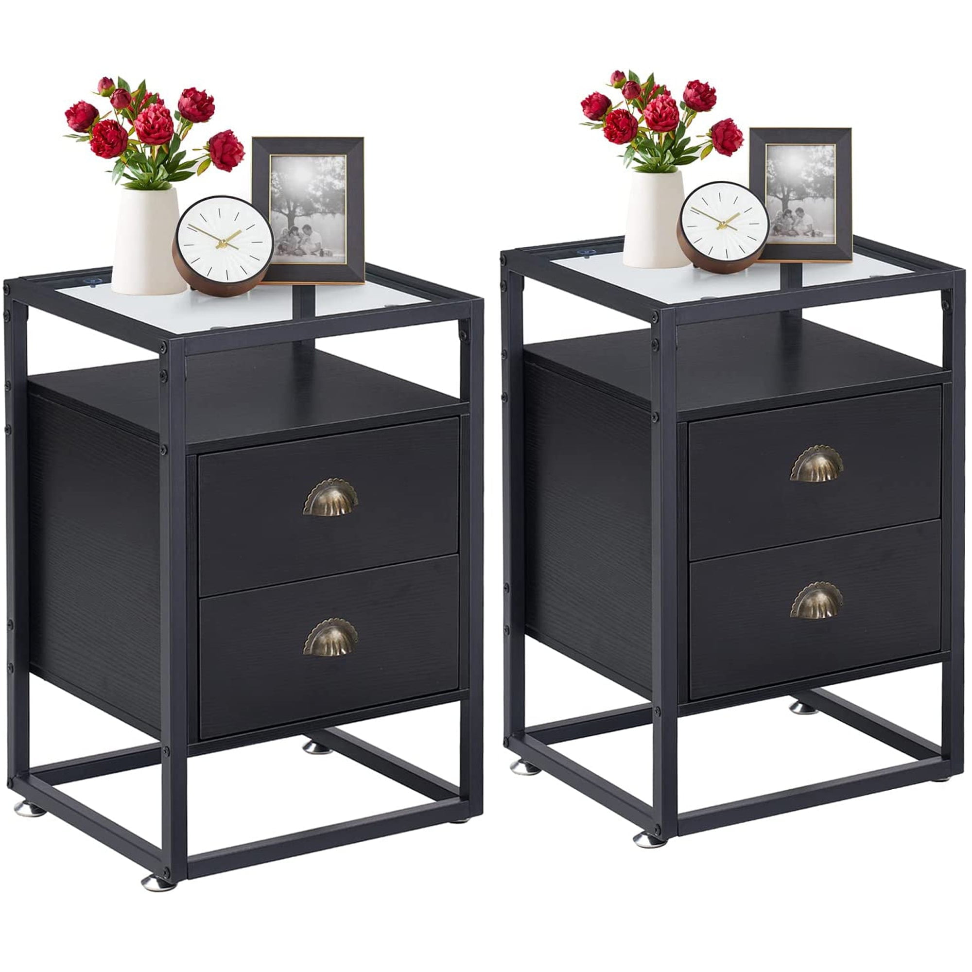 VECELO Set of 2 Glass Top Nightstand with 2Drawer, Modern Side End