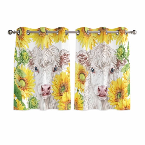 Farmhouse Sunflowers Kitchen Curtains Window Panels, Spring Country Watercolor Cow Floral Insulated Window Treatment Curtain, Grommet Curtains for Bedroom/Living Room/Bathroom, 2 Piece 42"Wx45"L