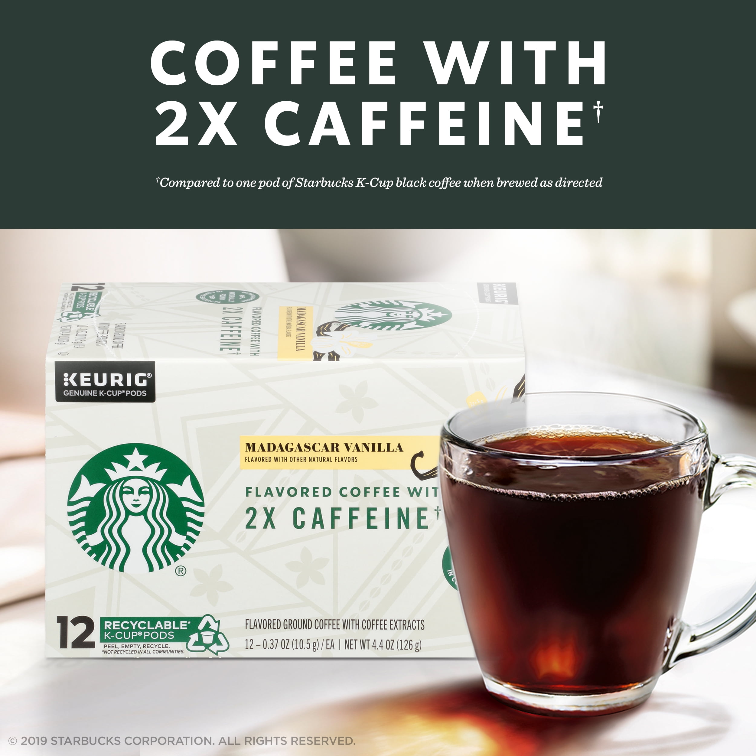 Starbucks Vanilla Flavored Coffee with 2X Caffeine, K-Cup Coffee Pods, 100% Arabica, 12 ct​