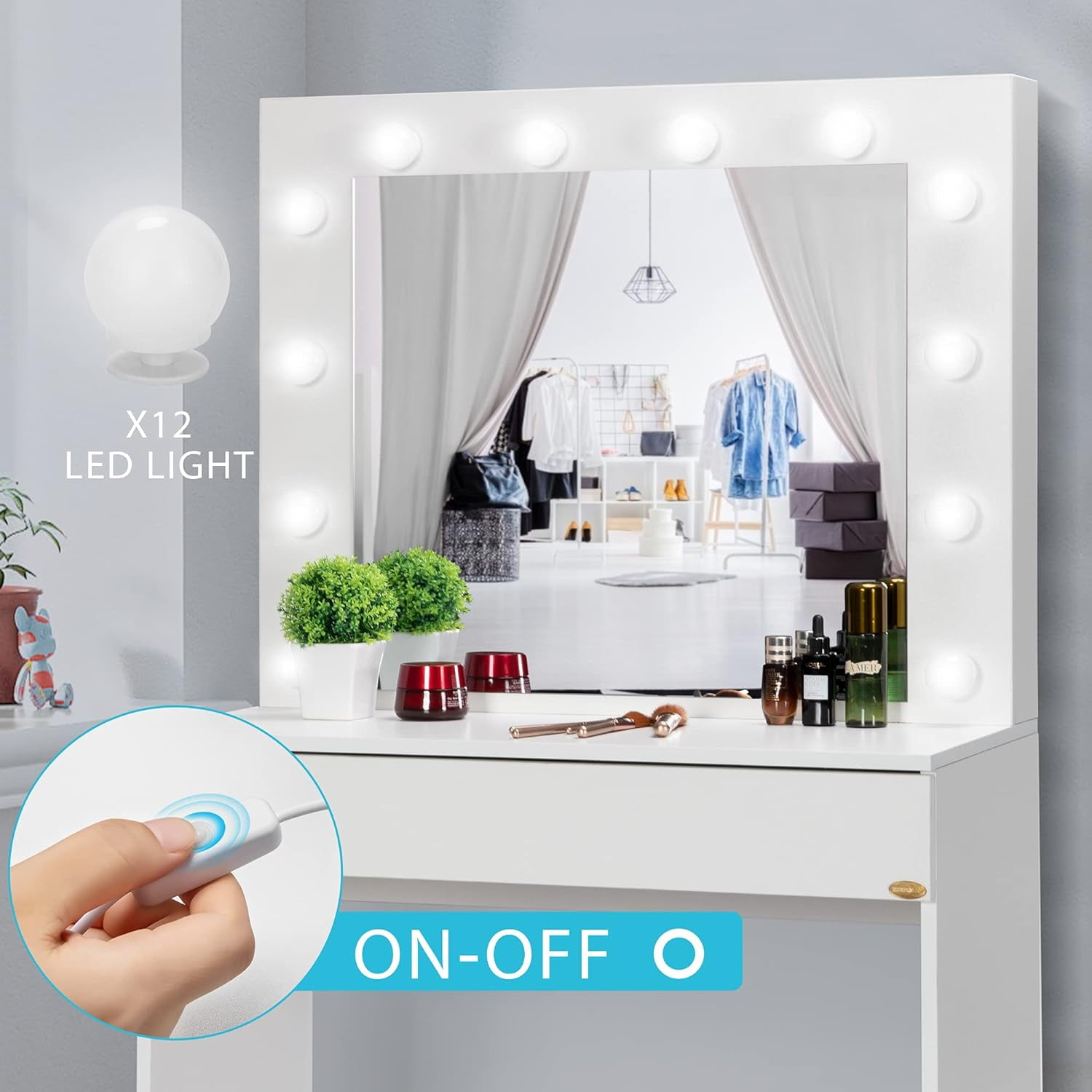 SPECSTAR Makeup Vanity Set with 12 Light Bulbs, Makeup Dressing Table with Lighted Mirror and Large Drawer, White