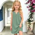 thumbnail image 2 of FYDUU Girls Sleeveless Summer Dress Solid Color V‑Neck Button Casual Dresses Lightweight Comfort Beach Sundress Kids Vacation Sundresses 8-9 Years, 2 of 5