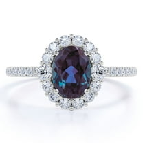 JeenMata Large 1.5 Carat Oval Cut Synthetic Alexandrite and Moissanite Cluster Engagement Ring - Lady Diana Ring Style - 18k White Gold over Silver