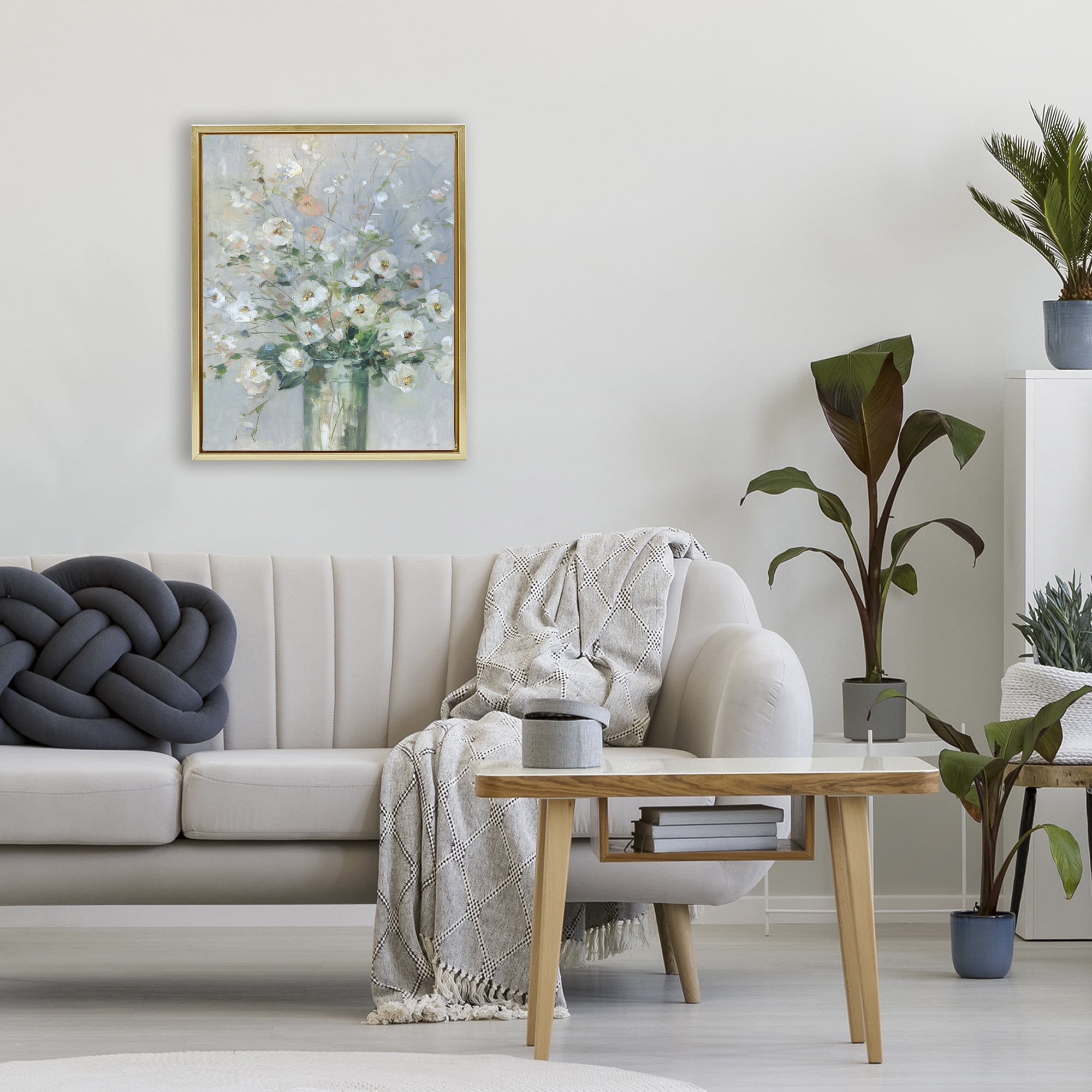 Stupell Industries Delicate White Blossoms Impression Gold Framed Floater Canvas Wall Art, design by Sally Swatland