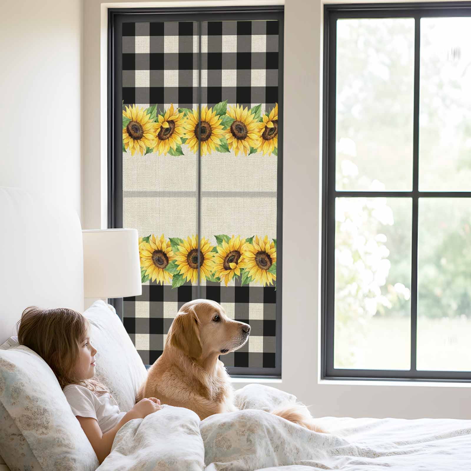 Sunflowers Window Privacy Film, Retro Country Floral Linen Texture Black Plaid Frosted Glass Window Clings Static Cling UV Heat Blocking Reusable Door Sticker for Bathroom 23.6 x 59 Inch