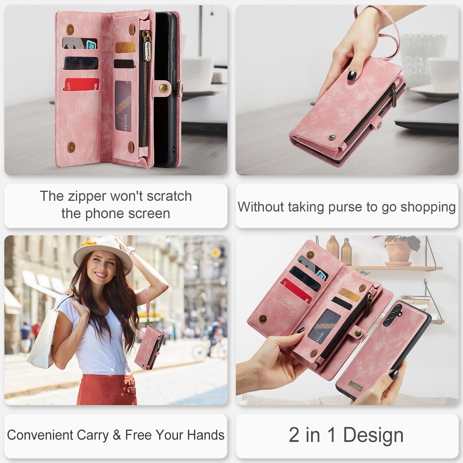 for Samsung Galaxy A16 5G/4G Premium PU Leather Folding Case, Multiple Card Slots Design, Wrist Strap Zipper Pocket Kickstand Magnetic Snap, Wireless Charging for Samsung Galaxy A16 5G/4G, Pink