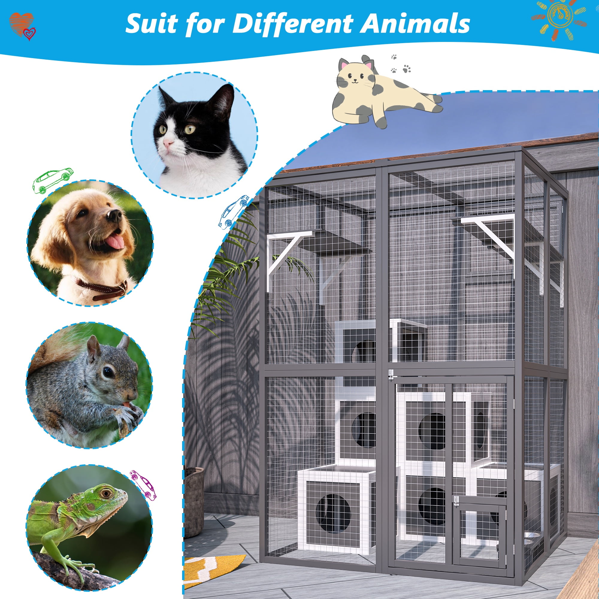 Seizeen Outdoor Catio Enclosure, 75''H Wooden Cat House w/Playpen for Kitty Indoor Use, Large Walk-in Cat Cage with  2 Jumping Platforms & 7 Napping Houses