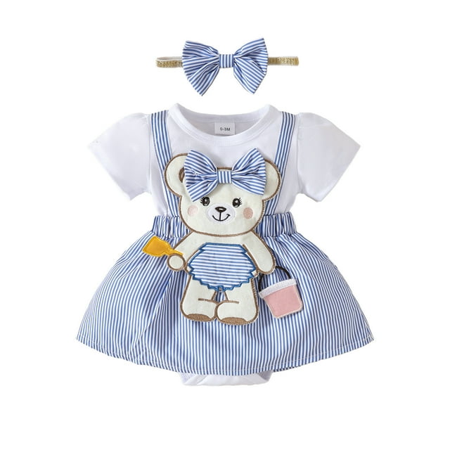 MIASHUI Robe Barboteuse pour Bébé Fille à Manches Courtes, Justaucorps Volanté avec Ourlet de Jupe, Tenue, Bleu, 6-9 Mois