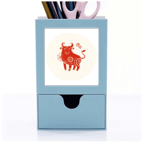 Year Of Ox Animal China Zodiac Red Desk Supplies Organizer Pen Holder Card