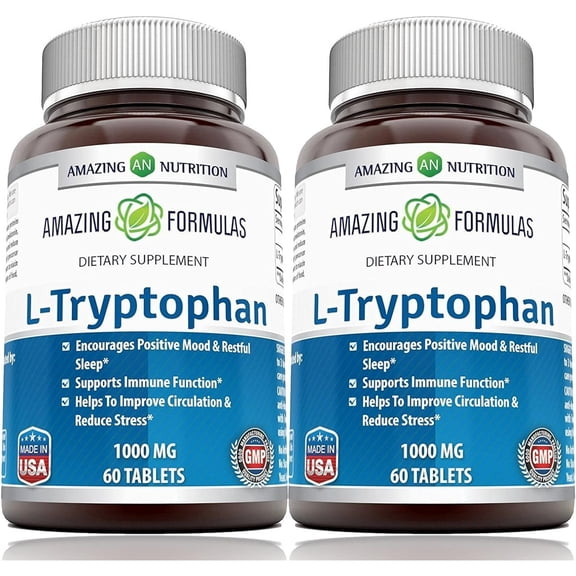 Amazing Formulas L-Tryptophan 1000mg Per Serving 60 Tablets Supplement | Non-GMO | Gluten Free | Pack of 2