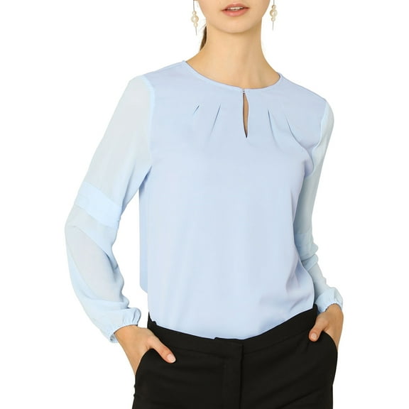 INSPIRE CHIC Women's Chiffon Blouse Keyhole Neck Patchwork Sleeve Elegant Work Top XL Light Blue
