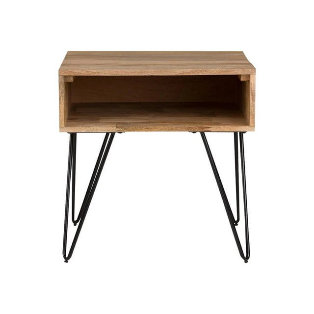 SIMPLIHOME Hunter Table d'Appoint Carrée Milieu du Siècle Moderne en Bois de Manguier Massif et Métal de 22 Pouces de Large en Naturel avec Rangement, 1 Tablette, pour le Salon et la Chambre