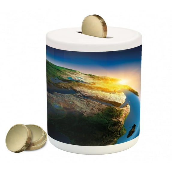 Earth Piggy Bank, Early Morning Rising Sun Scenery in Outer Space Day's Cycle Calm Idyllic Vivid, Ceramic Coin Bank Money Box for Cash Saving, 3.6" X 3.2", Blue Green Yellow, by Ambesonne