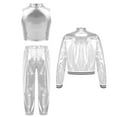 thumbnail image 2 of Alvivi 3Pcs Girls Hip Hop Clothes Set Performance Costumes Metallic Bomber Jacket Crop Top with Pants Set Silver 12, 2 of 5