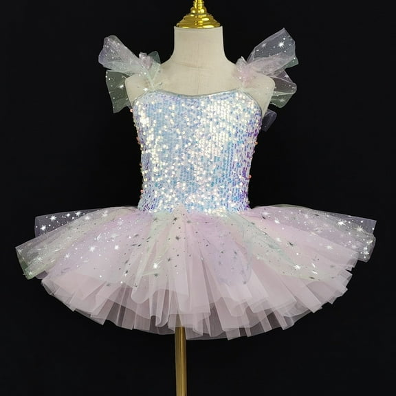 Sequins Tutu-Dresses for Teen Girls Ballet Dance Costumes Size 1-14 Kids Trendy Shiny A-Line Ruffle Sleeve Layered-Tulle Performance Dress